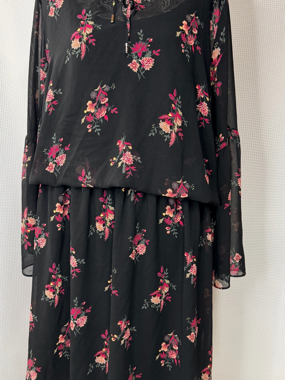 Black Floral Long Sleeve Midi Dress - Pink & Cream Bouquet